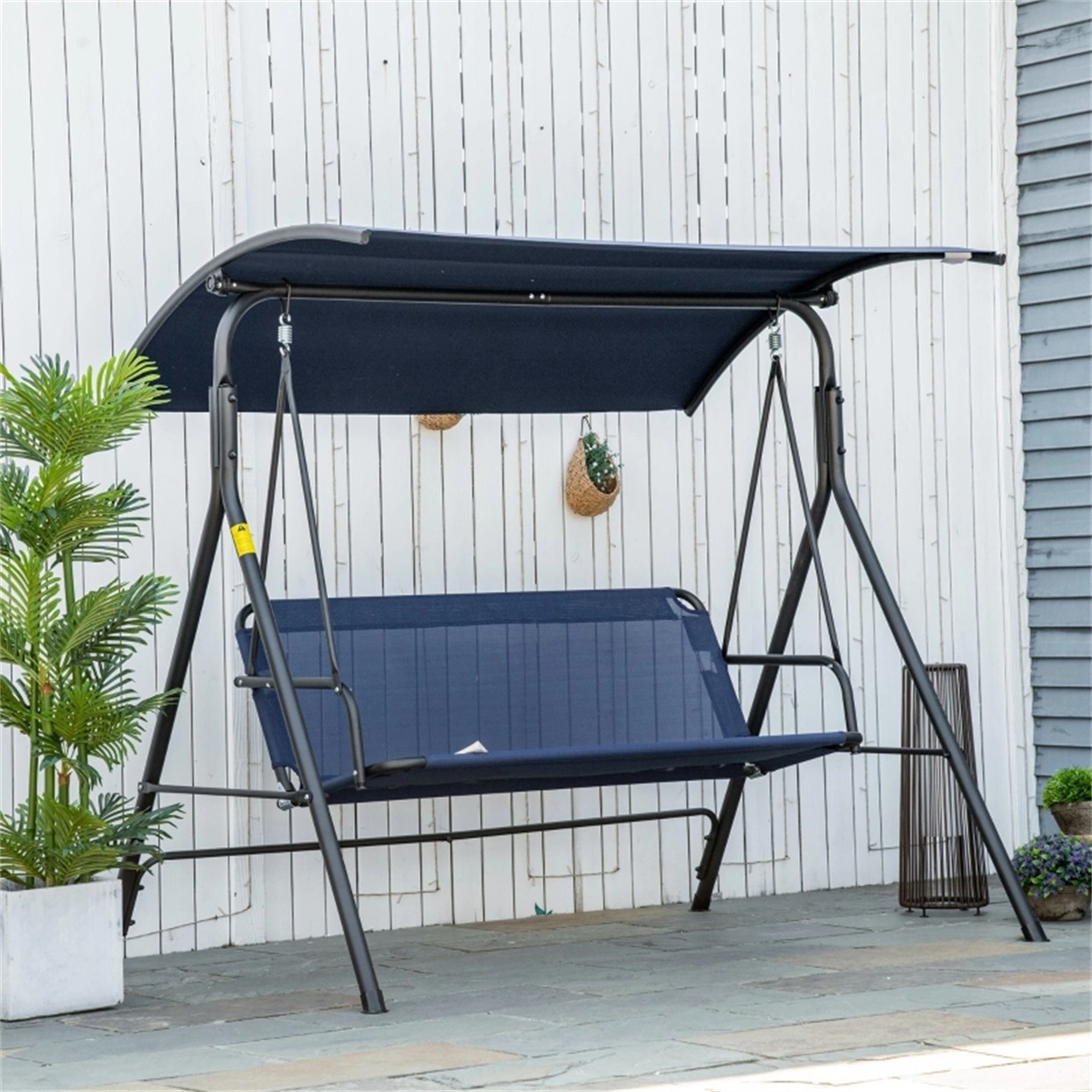 3-Seat Outdoor Patio Swing Chair with Canopy, Dark Blue Wicker Rattan Garden Hammock Hanging Couch for Yard Deck Porch (Amazon Shipping)