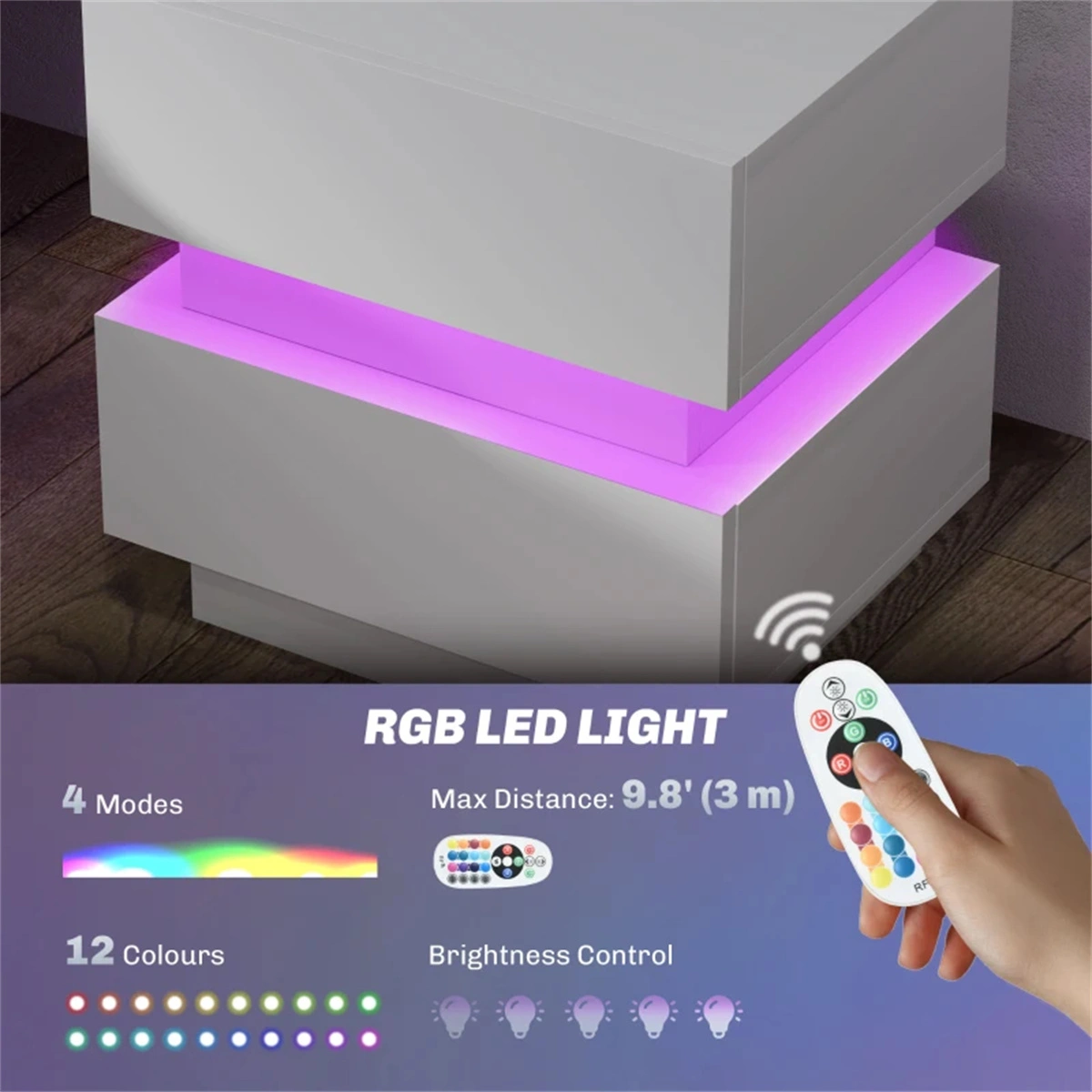 Smart Bedside Table w/ Wireless Charging Station & Dimmable LED Light - USB Ports, Nightstand Storage Organizer view 3