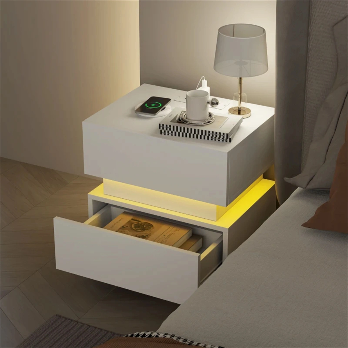 Smart Bedside Table w/ Wireless Charging Station & Dimmable LED Light - USB Ports, Nightstand Storage Organizer view 5