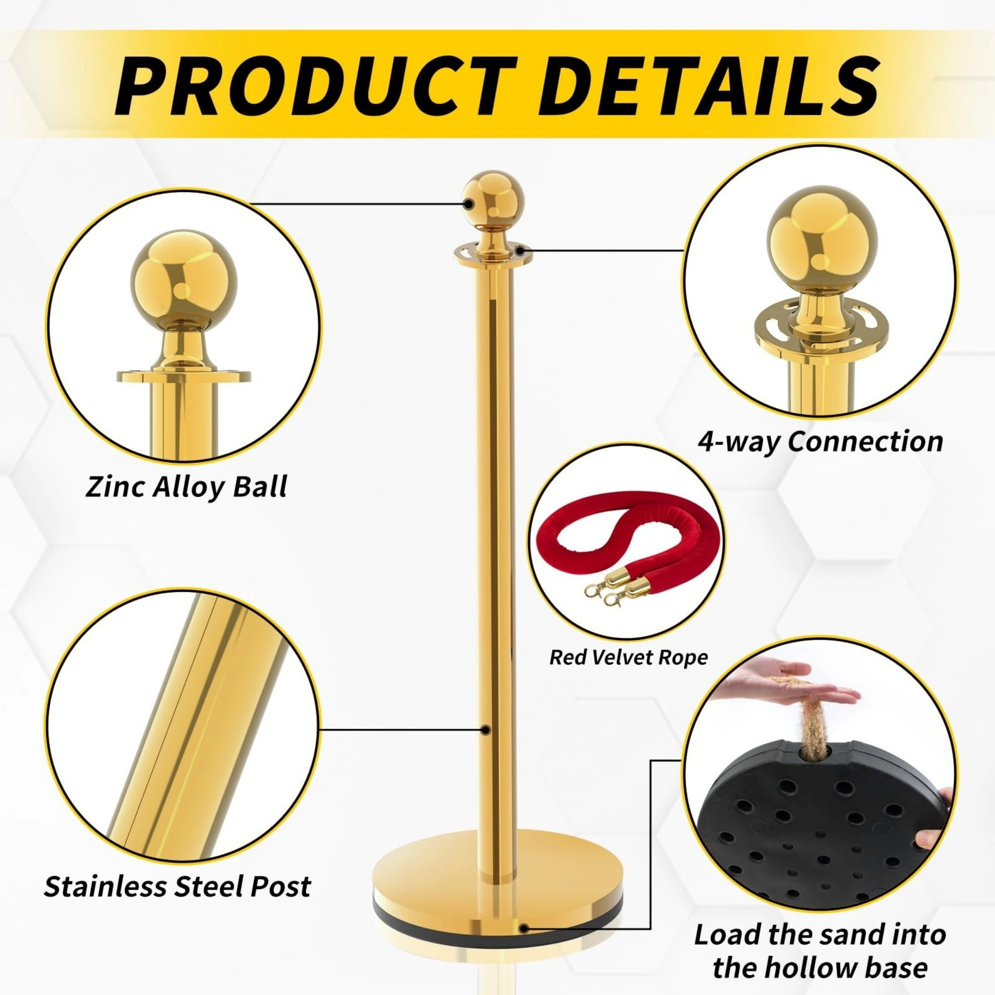 8-Piece Gold Stanchion Set with 6 Red Velvet Ropes - Crowd Control Barrier Posts for Party Event Queue view 2