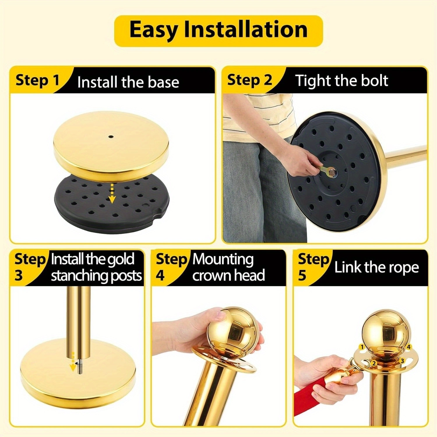8-Piece Gold Stanchion Set with 6 Red Velvet Ropes - Crowd Control Barrier Posts for Party Event Queue view 4