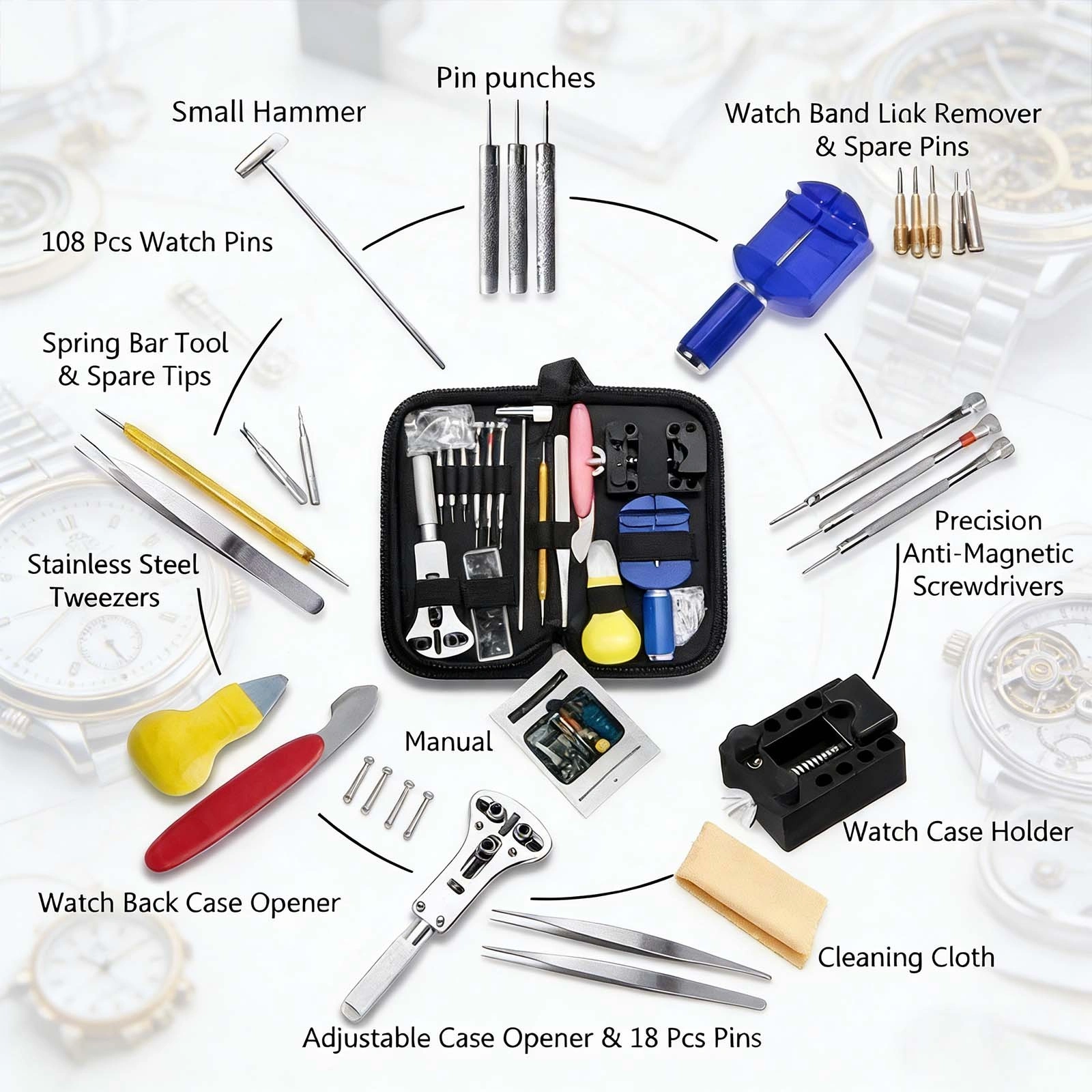 147PCS Watch Repair Tool Kit Case Opener Spring Bar Pin Remover Watchmaker view 2