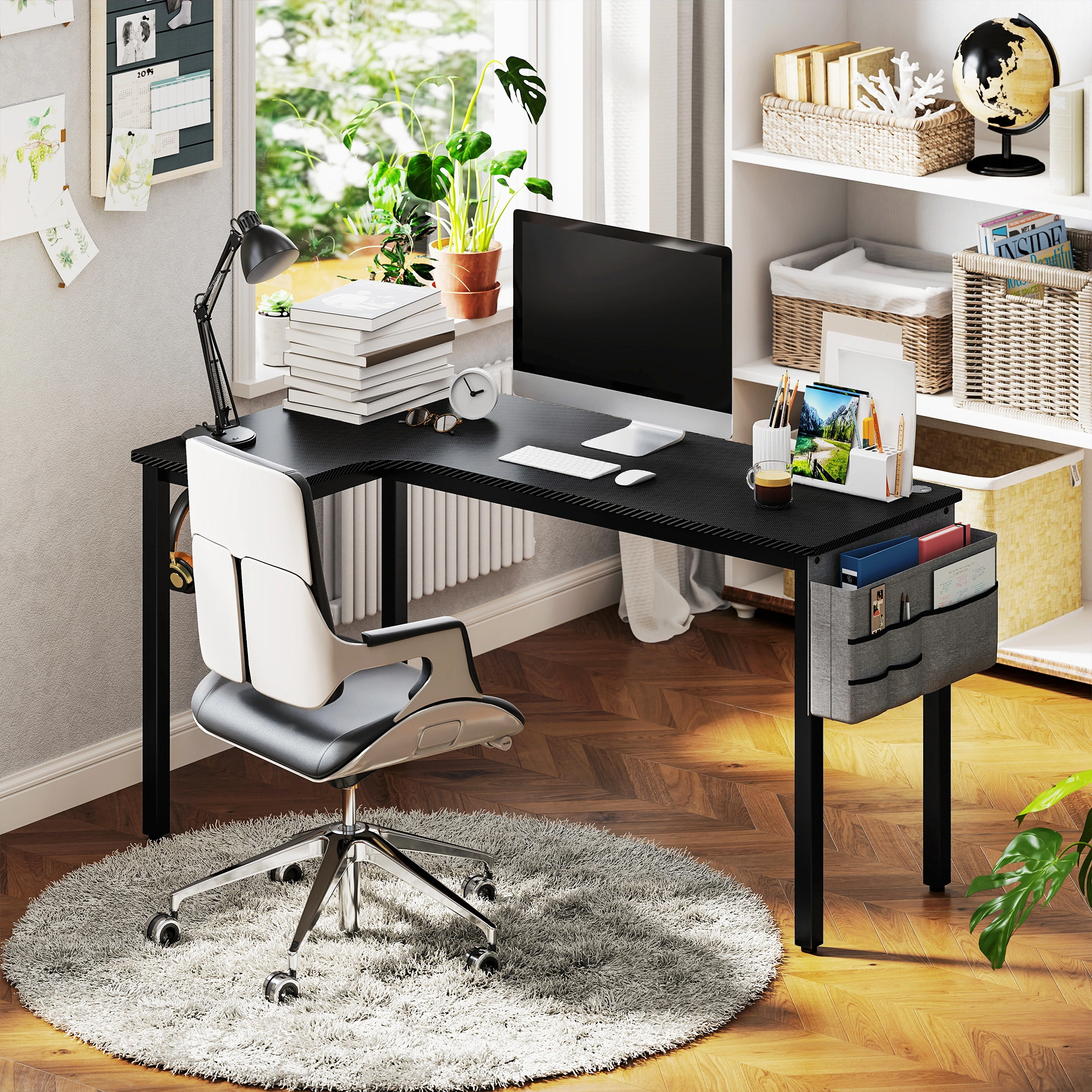 Modern Computer Desk, 47" Home Office Writing Desk with Storage Organizer Shelf, Black Metal Frame, Simple Assembly