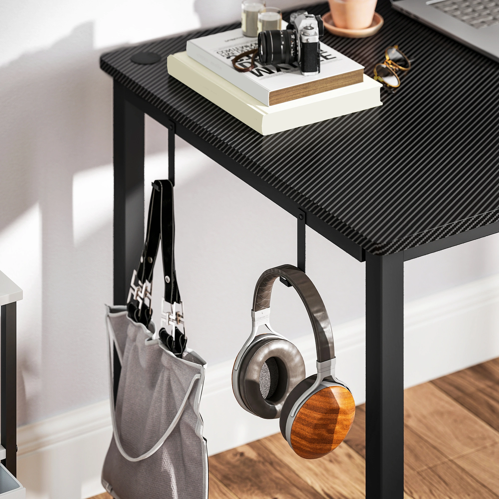 Modern Computer Desk, 47" Home Office Writing Desk with Storage Organizer Shelf, Black Metal Frame, Simple Assembly view 2