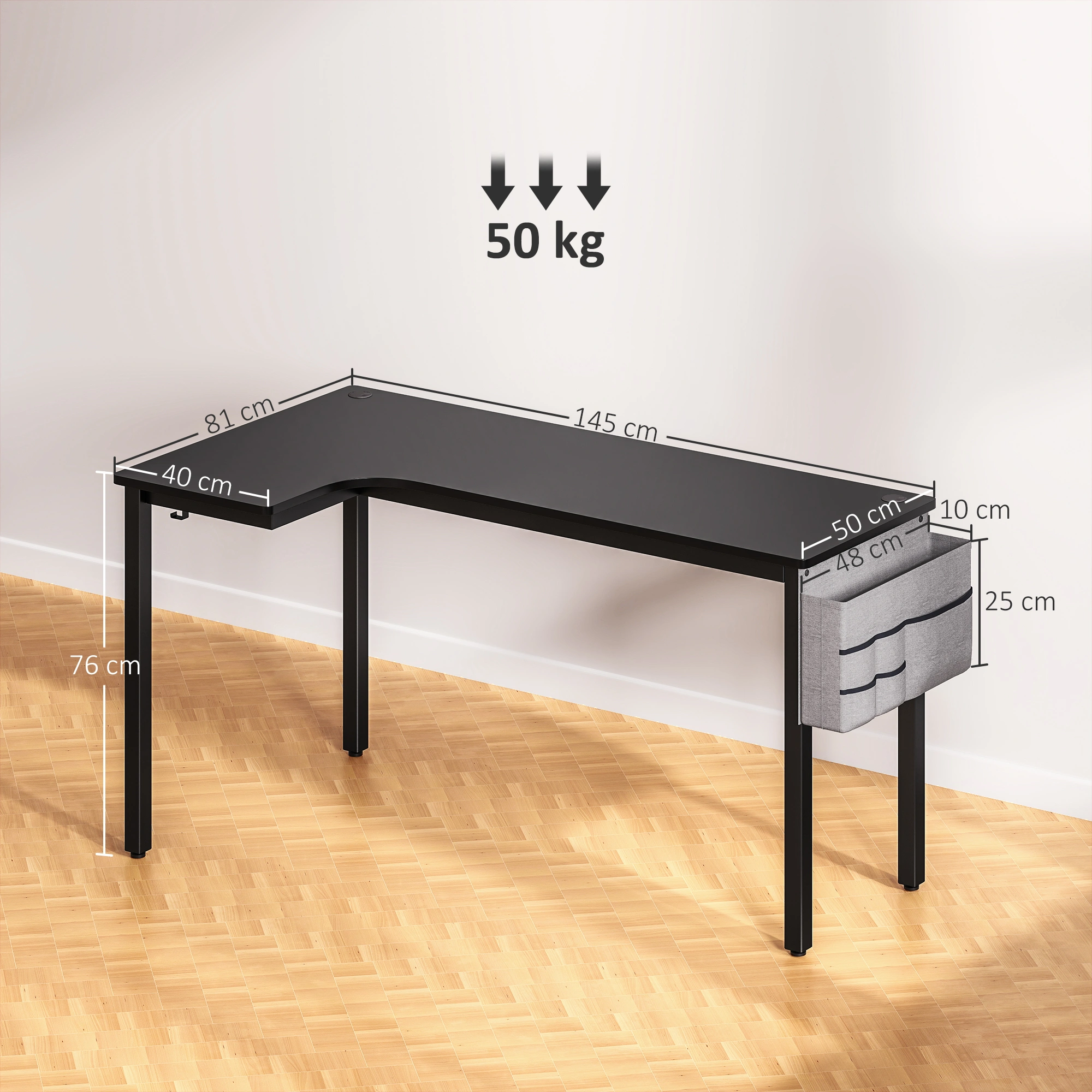 Modern Computer Desk, 47" Home Office Writing Desk with Storage Organizer Shelf, Black Metal Frame, Simple Assembly view 3