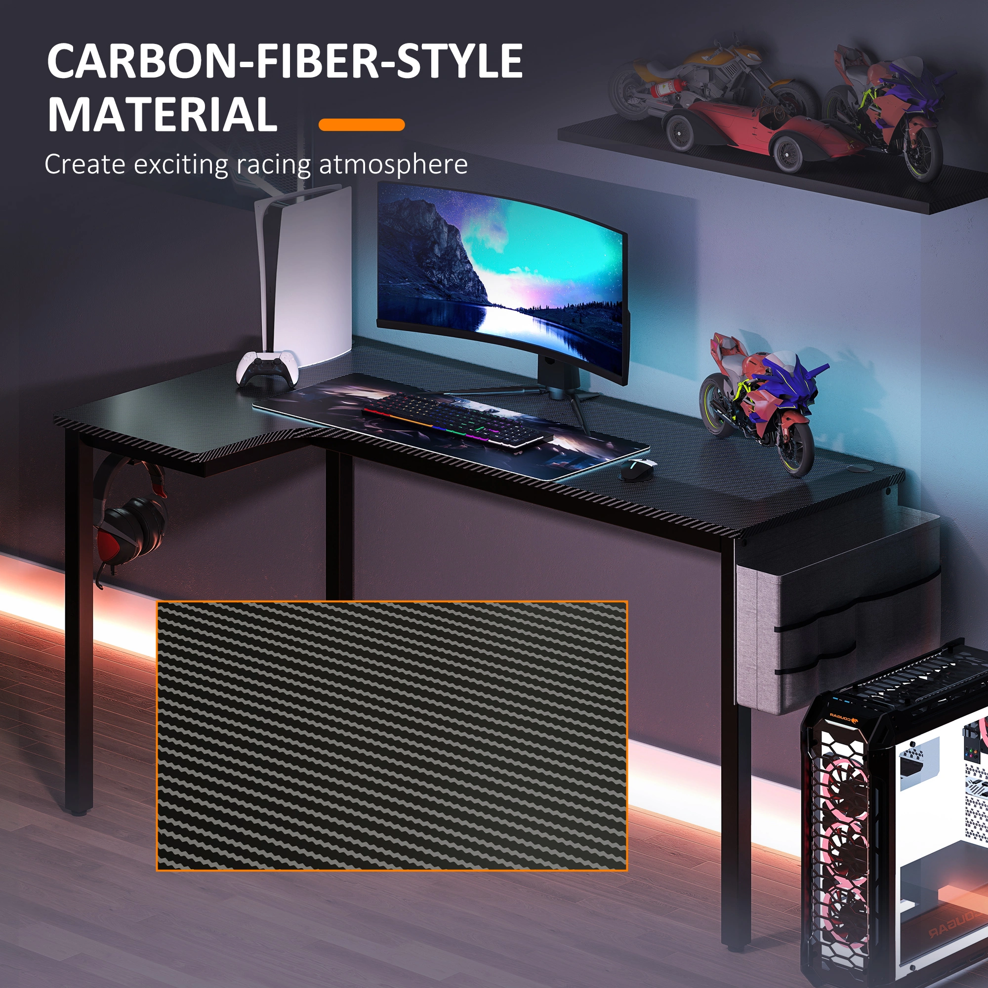 Modern Computer Desk, 47" Home Office Writing Desk with Storage Organizer Shelf, Black Metal Frame, Simple Assembly view 4