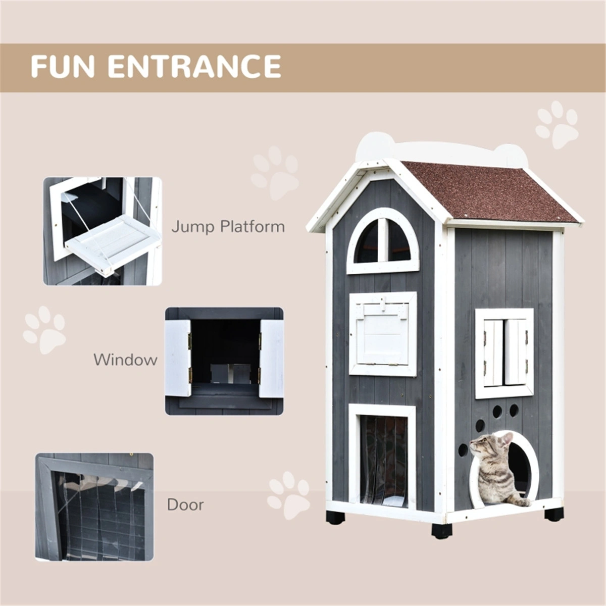 Luxury Indoor Outdoor Cat House with Soft Fleece Cushion, Weather Resistant Pet Shelter for Cats & Small Dogs view 2