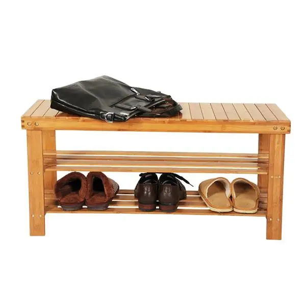 90cm Strip Pattern 3 Tiers Bamboo Stool Shoe Rack Wood Color view 2