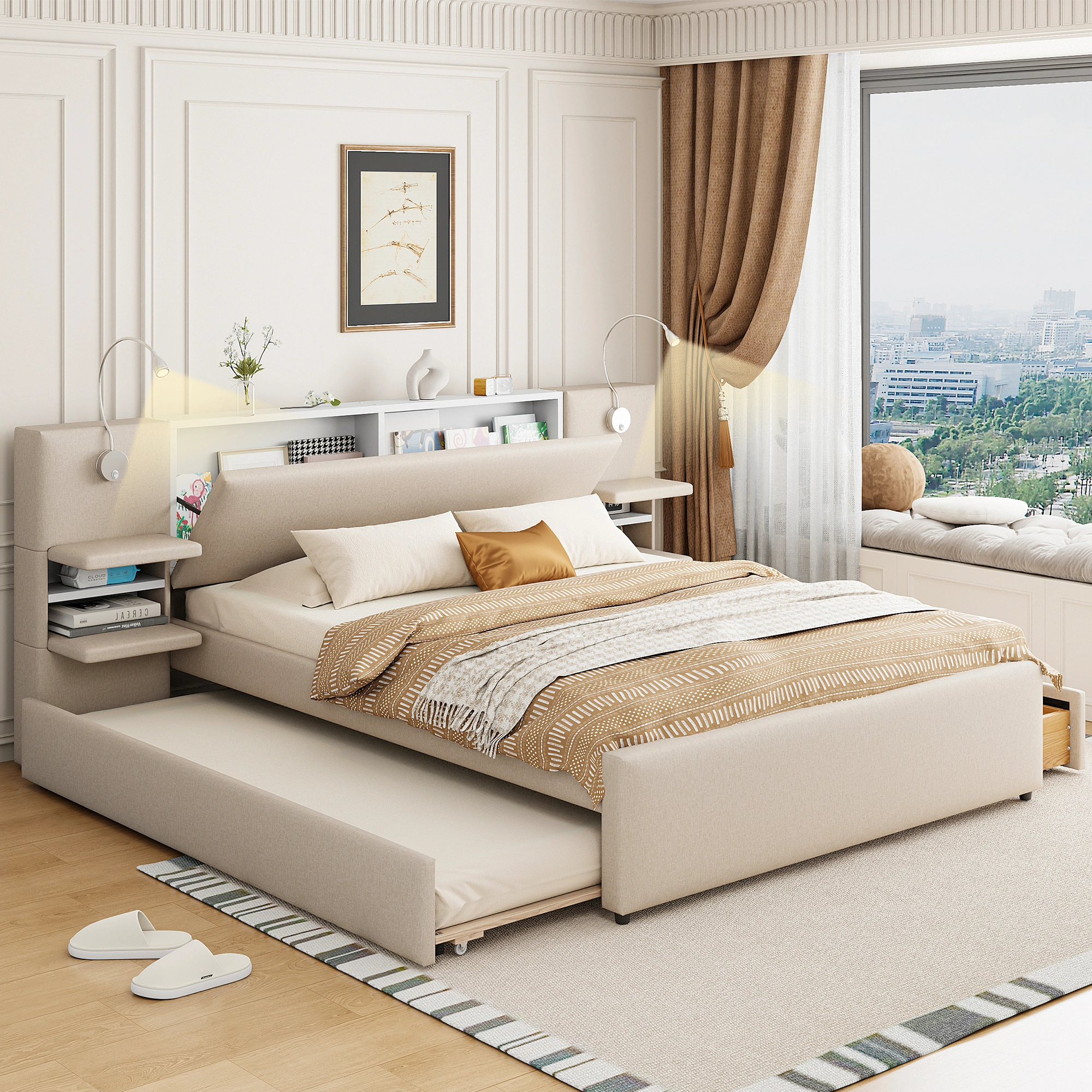 Full Size Velvet Wood Bed Frame with Storage, Beige Upholstered Platform Bed