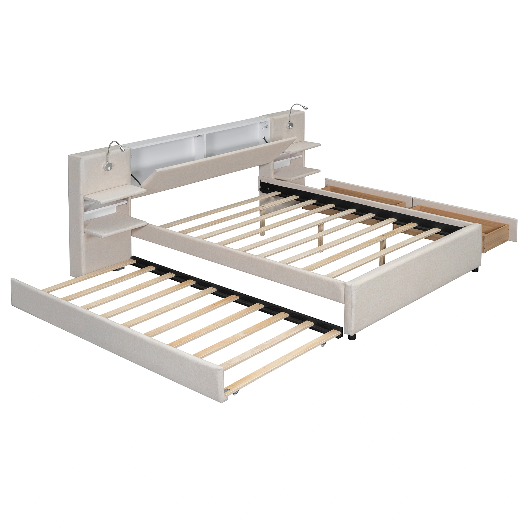 Full Size Velvet Wood Bed Frame with Storage, Beige Upholstered Platform Bed view 14