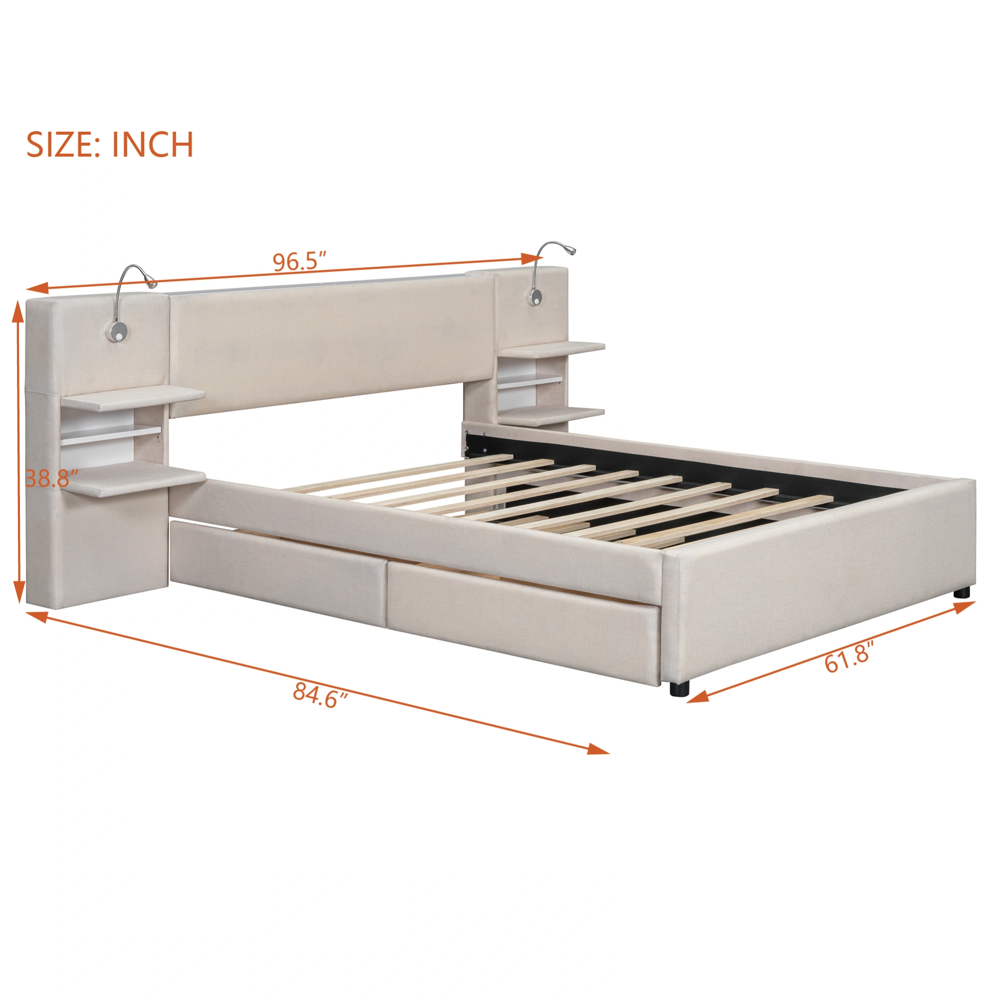 Full Size Velvet Wood Bed Frame with Storage, Beige Upholstered Platform Bed view 2