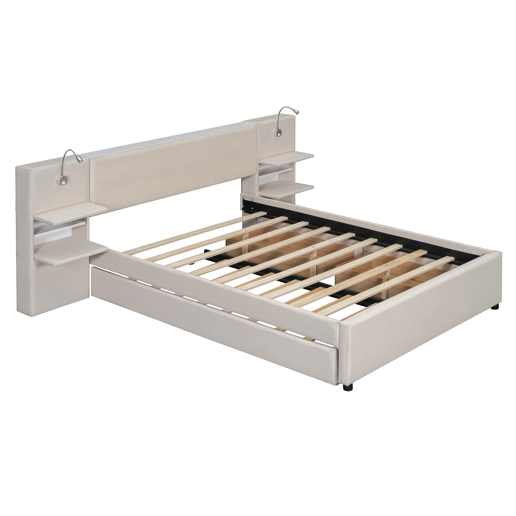 Full Size Velvet Wood Bed Frame with Storage, Beige Upholstered Platform Bed view 4