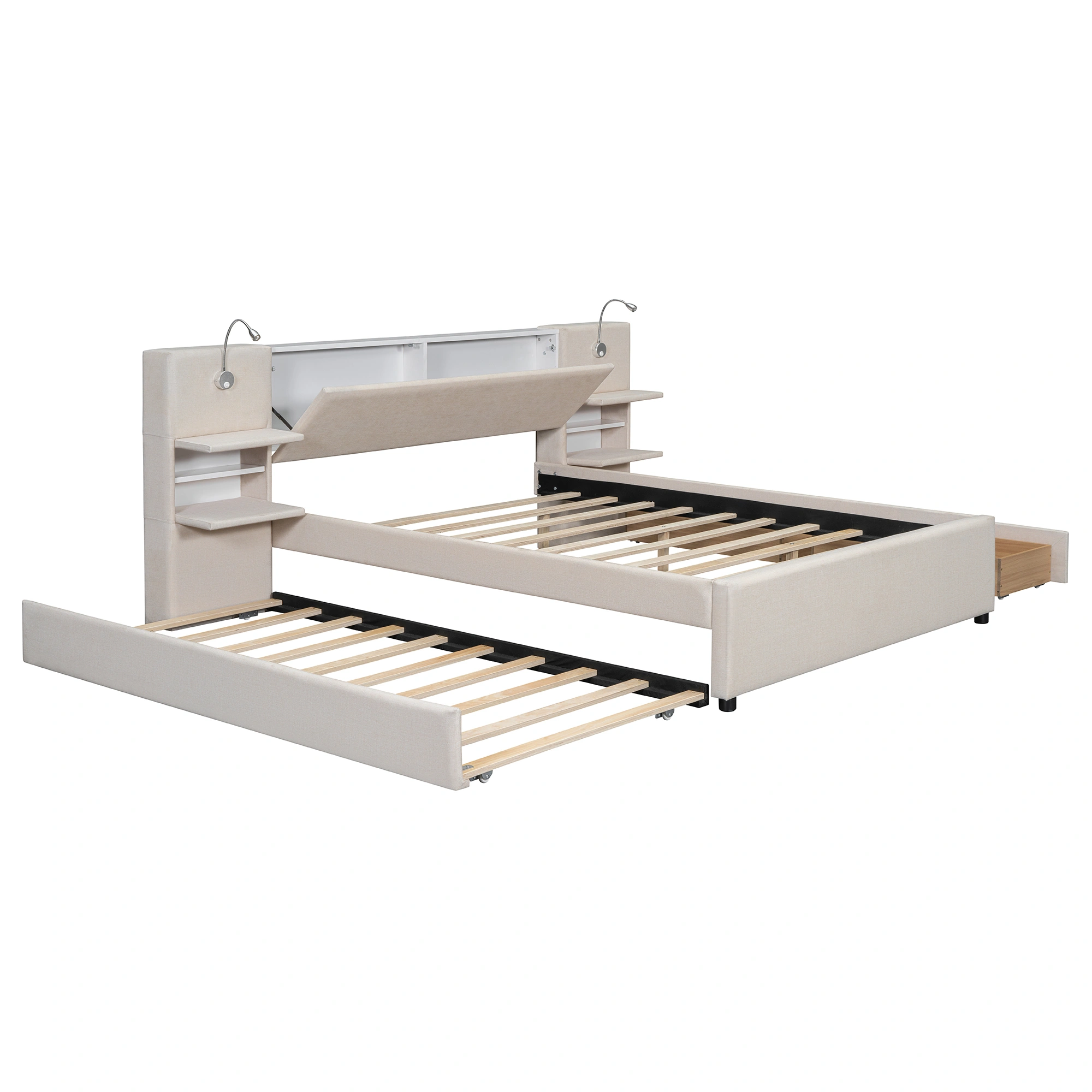 Full Size Velvet Wood Bed Frame with Storage, Beige Upholstered Platform Bed view 6