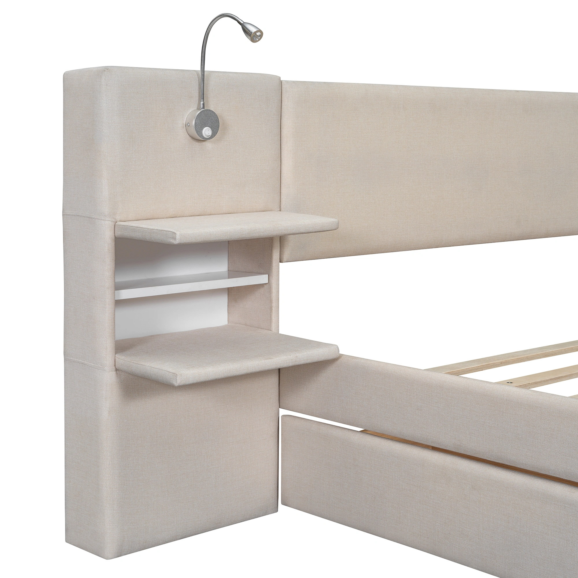 Full Size Velvet Wood Bed Frame with Storage, Beige Upholstered Platform Bed view 8