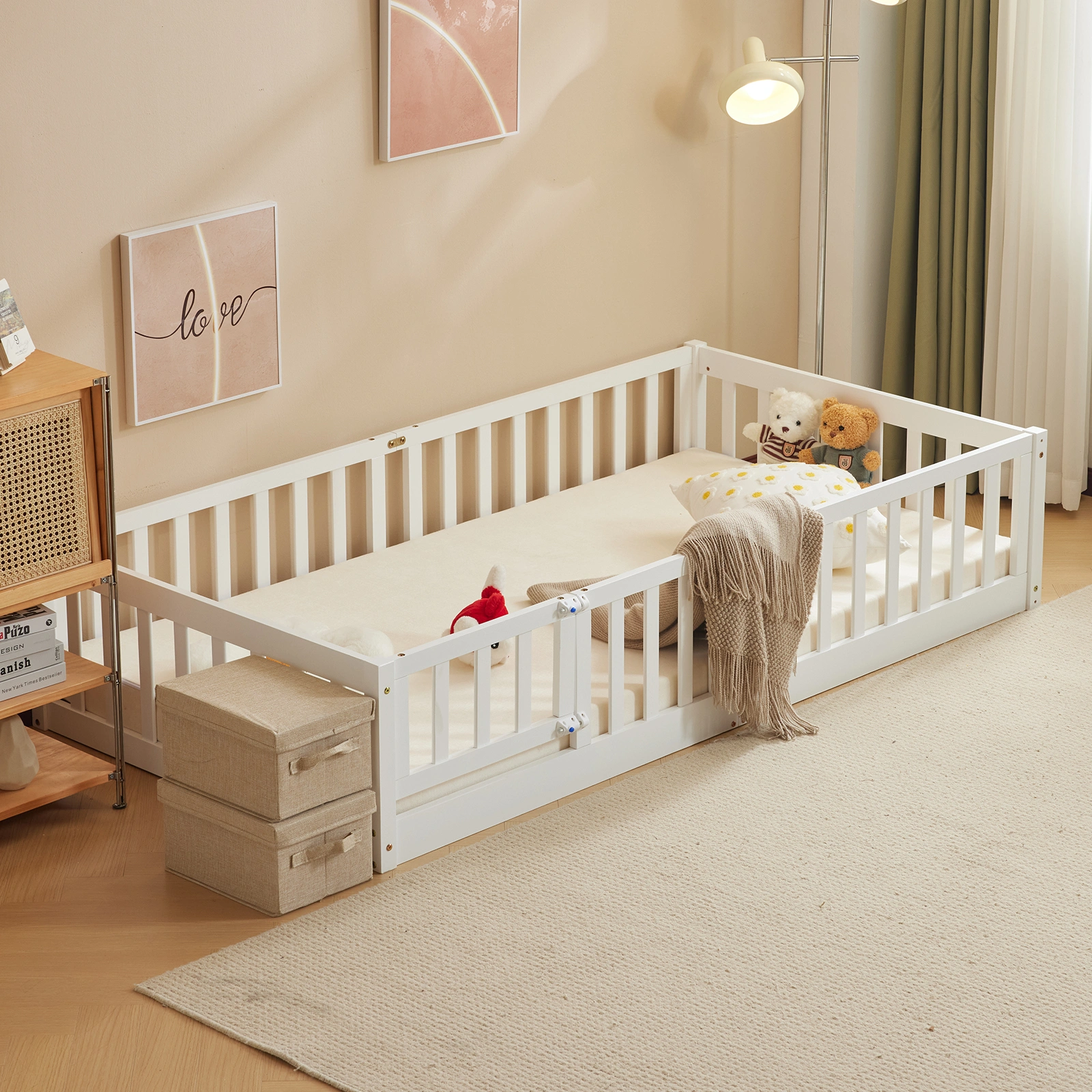 White Painted Pine Wood Fence Bed with Door & Deck - Twin Size Kids Wooden Bed for Children's Room