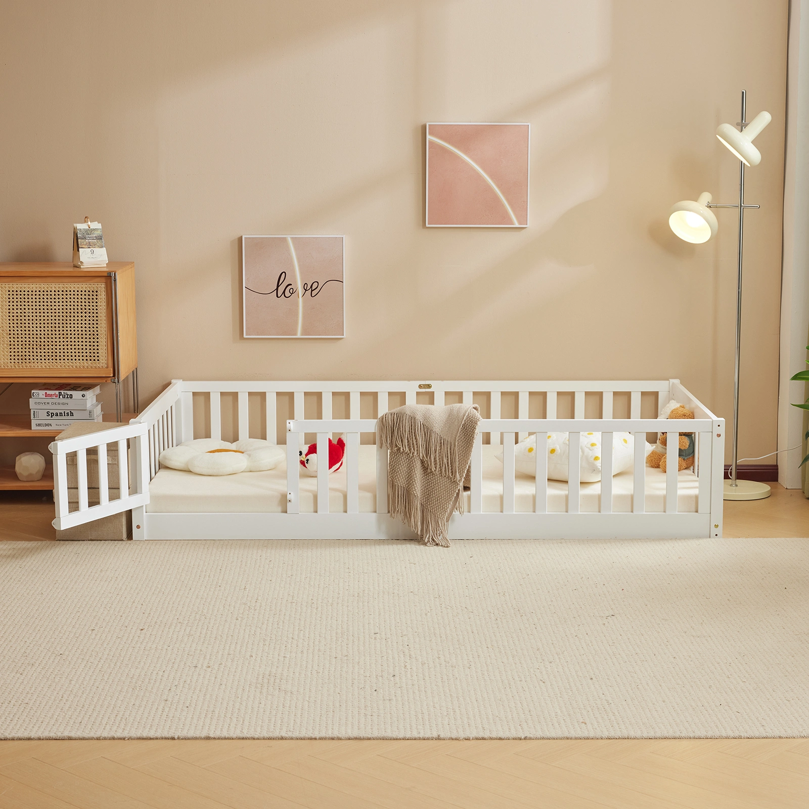 White Painted Pine Wood Fence Bed with Door & Deck - Twin Size Kids Wooden Bed for Children's Room view 13