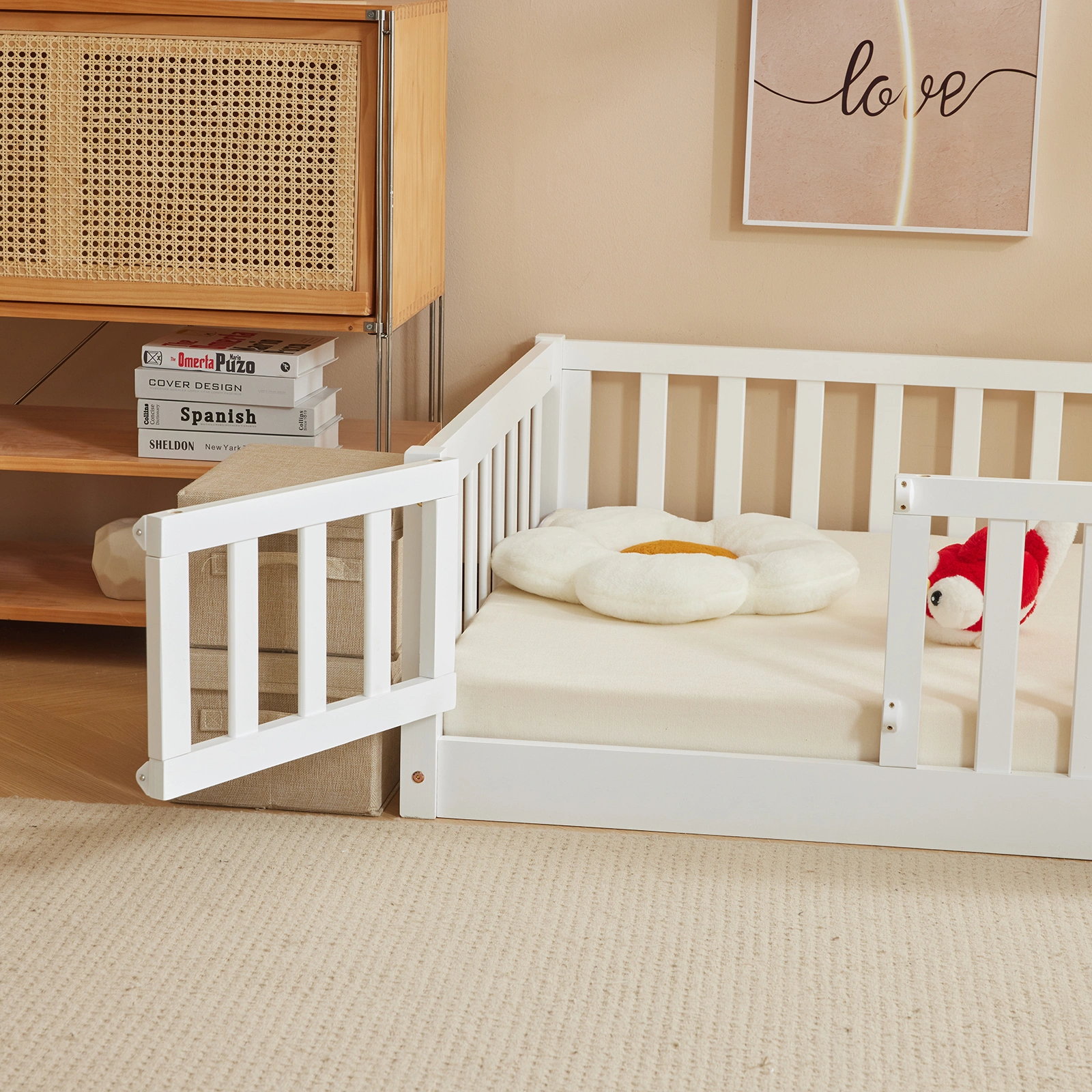 White Painted Pine Wood Fence Bed with Door & Deck - Twin Size Kids Wooden Bed for Children's Room view 14