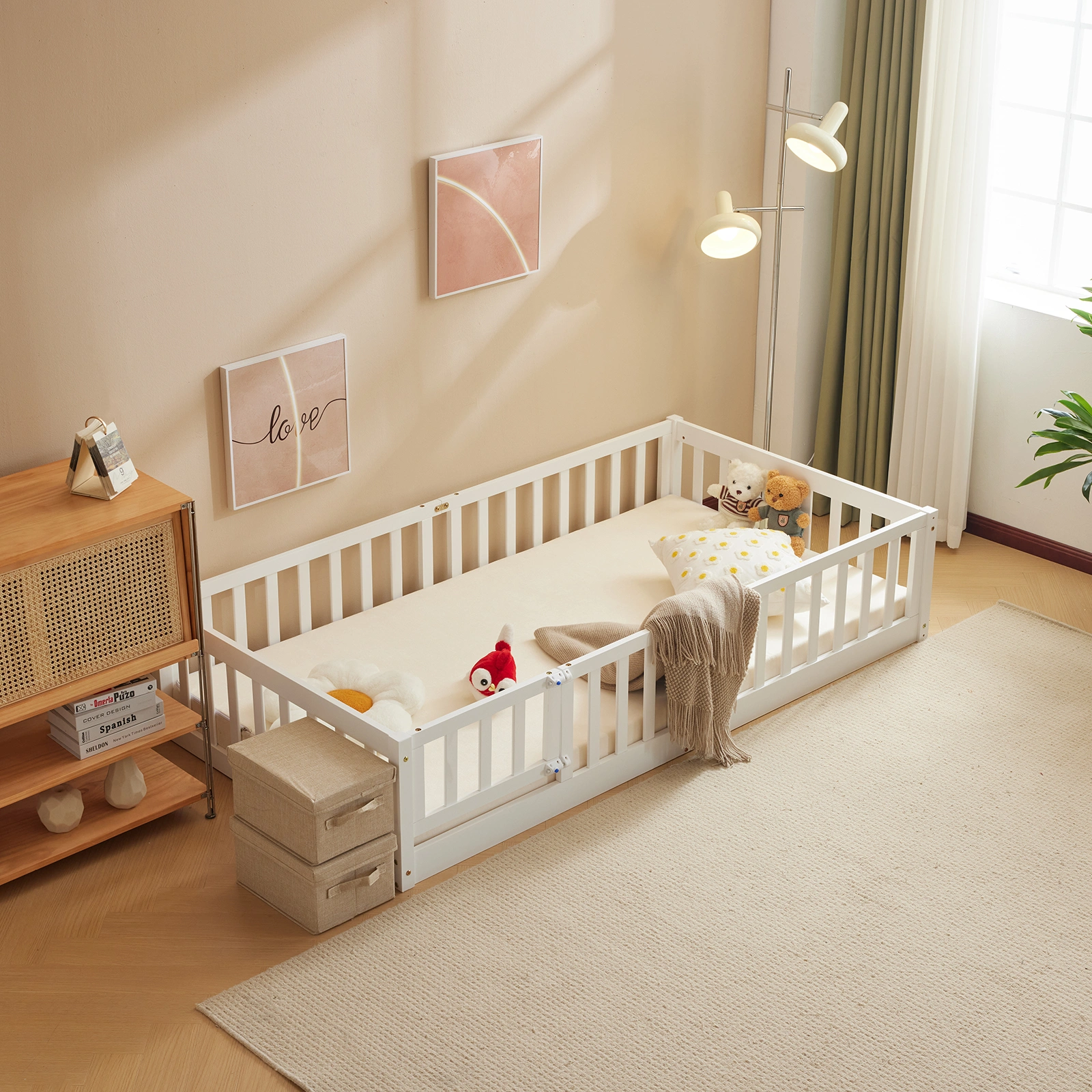 White Painted Pine Wood Fence Bed with Door & Deck - Twin Size Kids Wooden Bed for Children's Room view 15