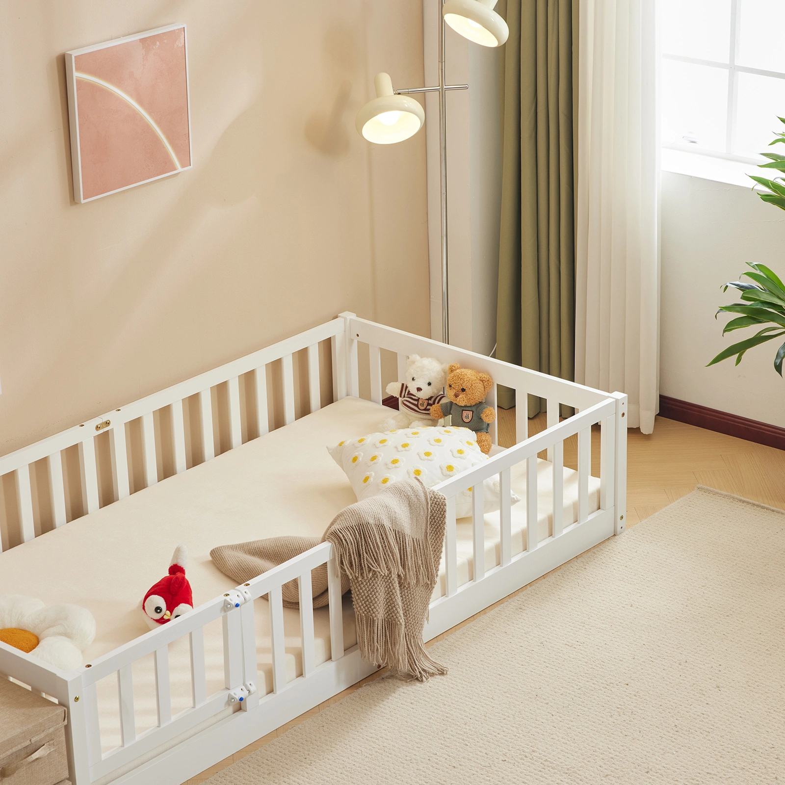 White Painted Pine Wood Fence Bed with Door & Deck - Twin Size Kids Wooden Bed for Children's Room view 16