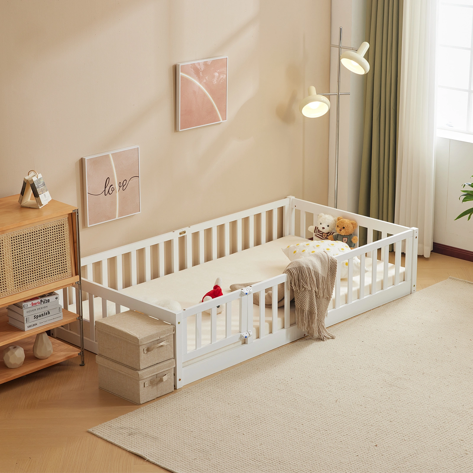 White Painted Pine Wood Fence Bed with Door & Deck - Twin Size Kids Wooden Bed for Children's Room view 18