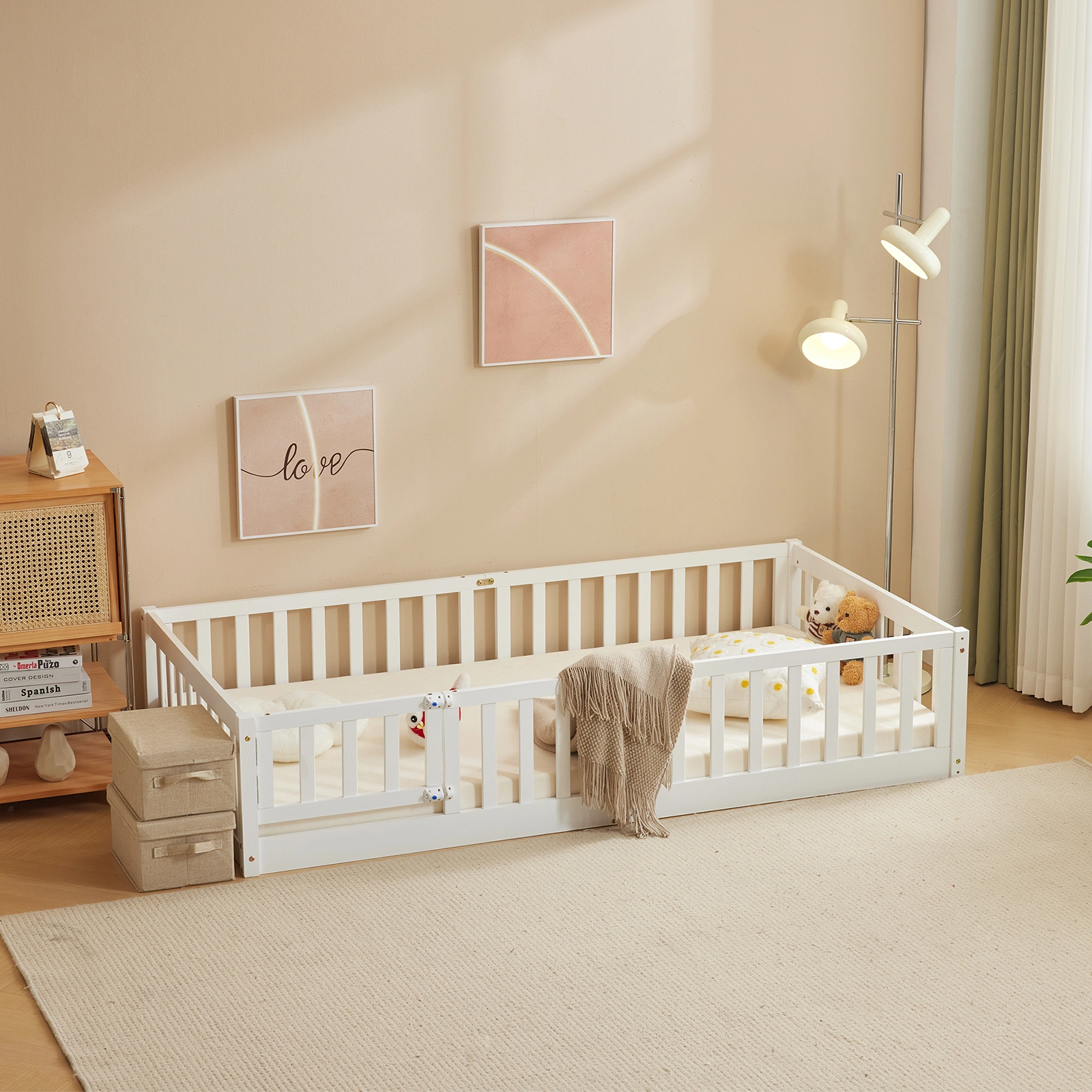 White Painted Pine Wood Fence Bed with Door & Deck - Twin Size Kids Wooden Bed for Children's Room view 21