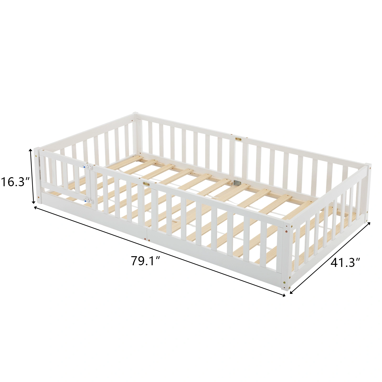 White Painted Pine Wood Fence Bed with Door & Deck - Twin Size Kids Wooden Bed for Children's Room view 3