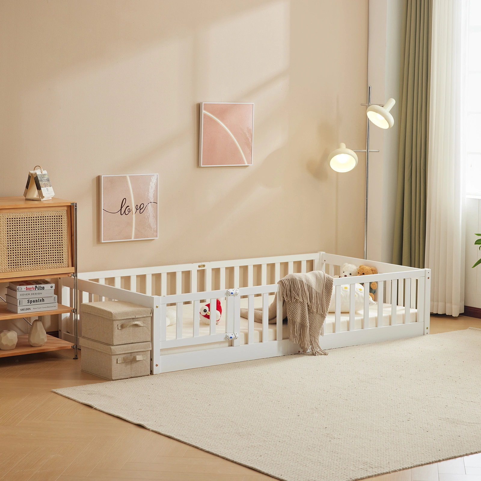 White Painted Pine Wood Fence Bed with Door & Deck - Twin Size Kids Wooden Bed for Children's Room view 5