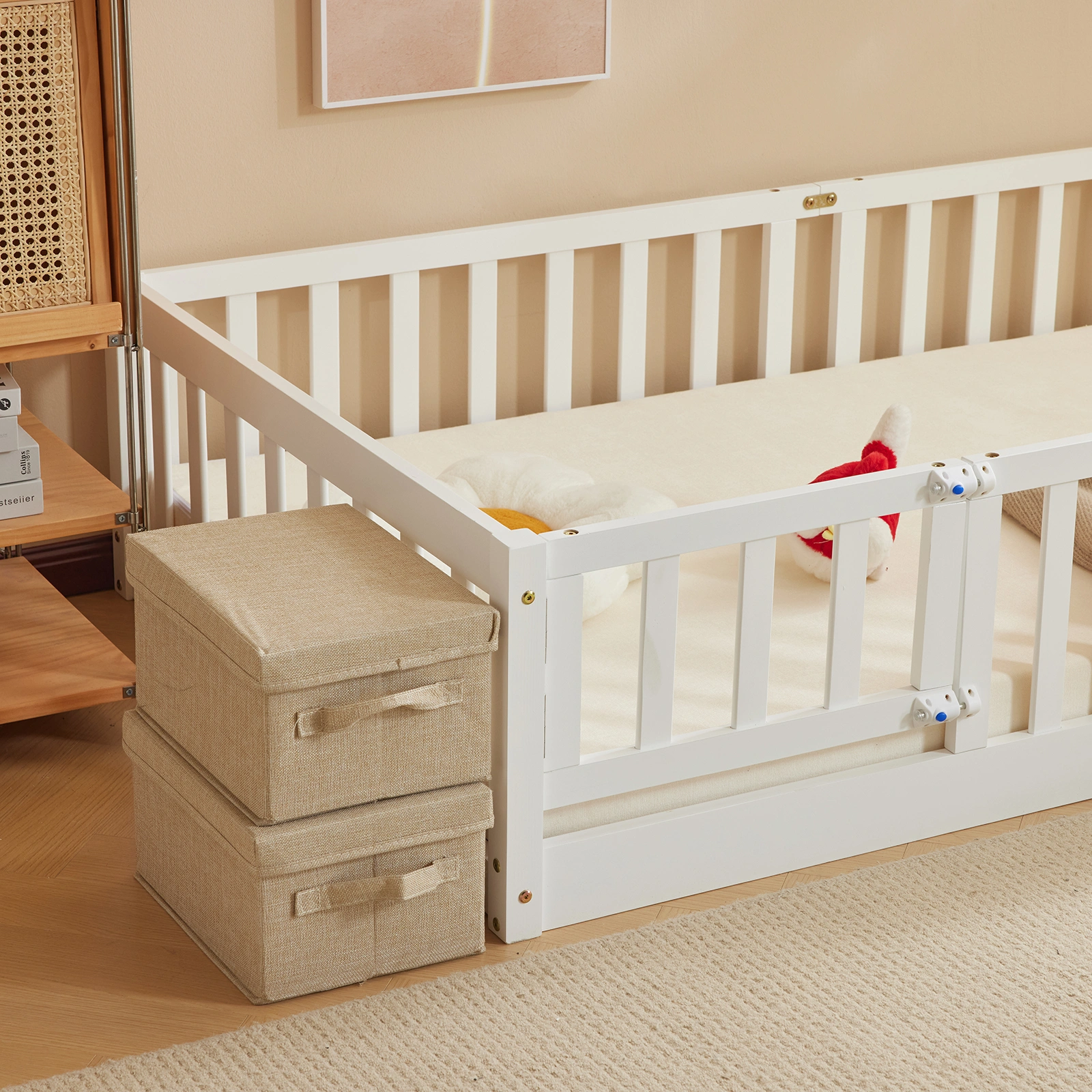 White Painted Pine Wood Fence Bed with Door & Deck - Twin Size Kids Wooden Bed for Children's Room view 7