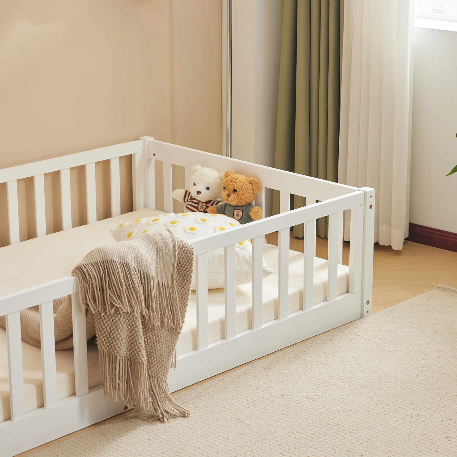 White Painted Pine Wood Fence Bed with Door & Deck - Twin Size Kids Wooden Bed for Children's Room view 8