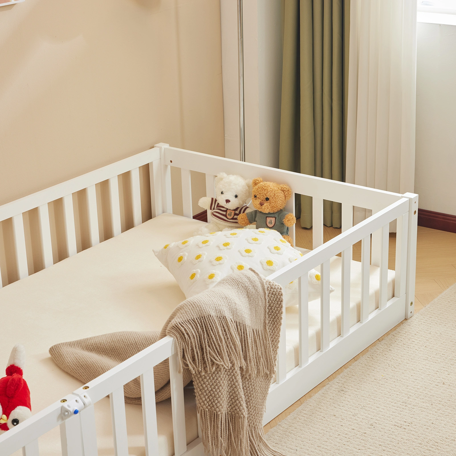 White Painted Pine Wood Fence Bed with Door & Deck - Twin Size Kids Wooden Bed for Children's Room view 9