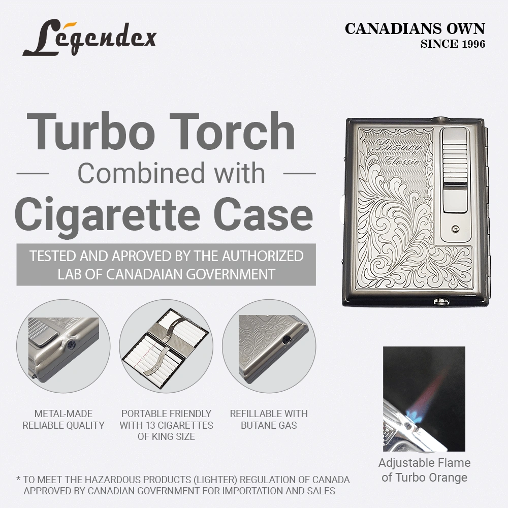 LEGENDEX ELEGANCE Cigarette Case with Turbo Lighter, Gunmetal Windproof Refillable Adjustable Jet Torch view 2