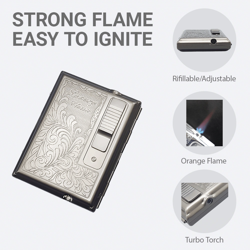 LEGENDEX ELEGANCE Cigarette Case with Turbo Lighter, Gunmetal Windproof Refillable Adjustable Jet Torch view 3