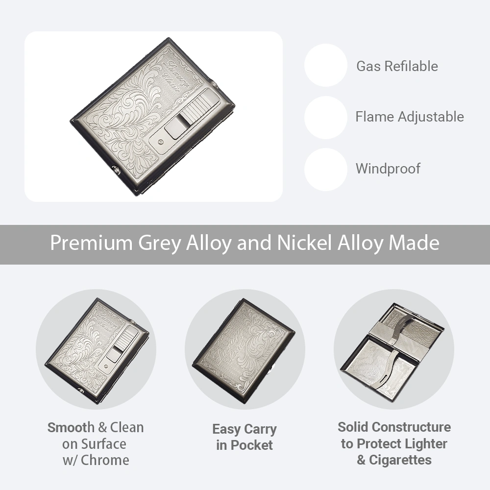 LEGENDEX ELEGANCE Cigarette Case with Turbo Lighter, Gunmetal Windproof Refillable Adjustable Jet Torch view 5