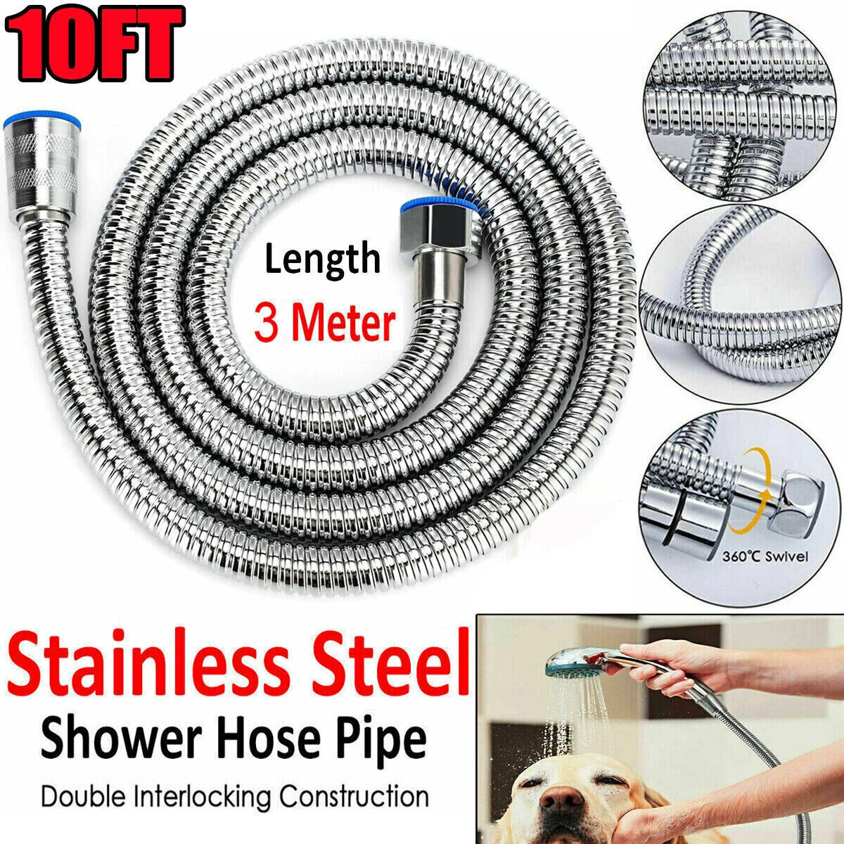 Handheld Shower Hose 3m/118" Flexible Tube Replacement for Bathroom Showerhead Not Included