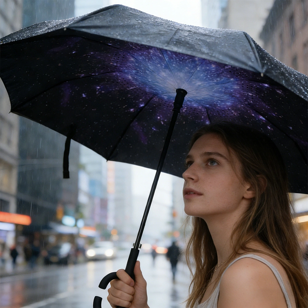Starry Sky Pattern Double Layer Inverted Umbrella, Reverse Open Folding for Cars, Windproof UV Protection, Large Self Standing, Upside Down with C Handle