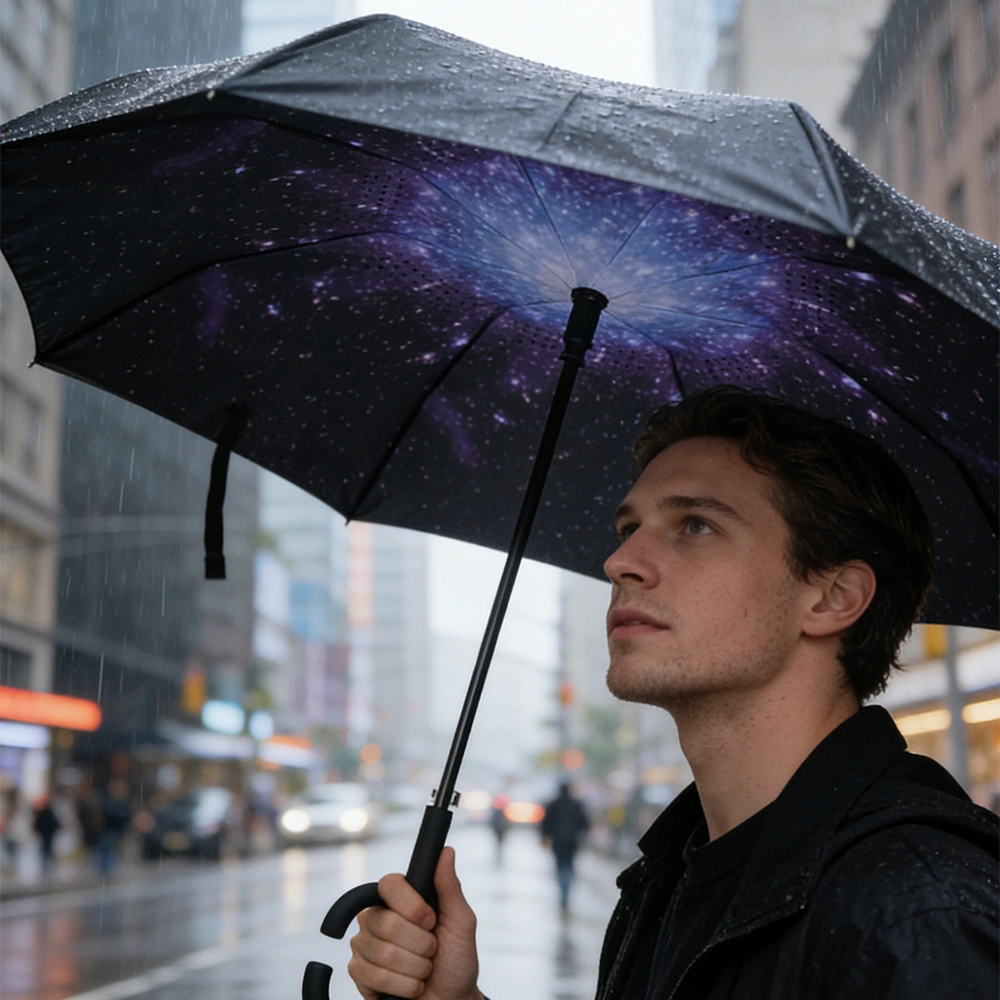 Starry Sky Pattern Double Layer Inverted Umbrella, Reverse Open Folding for Cars, Windproof UV Protection, Large Self Standing, Upside Down with C Handle view 5