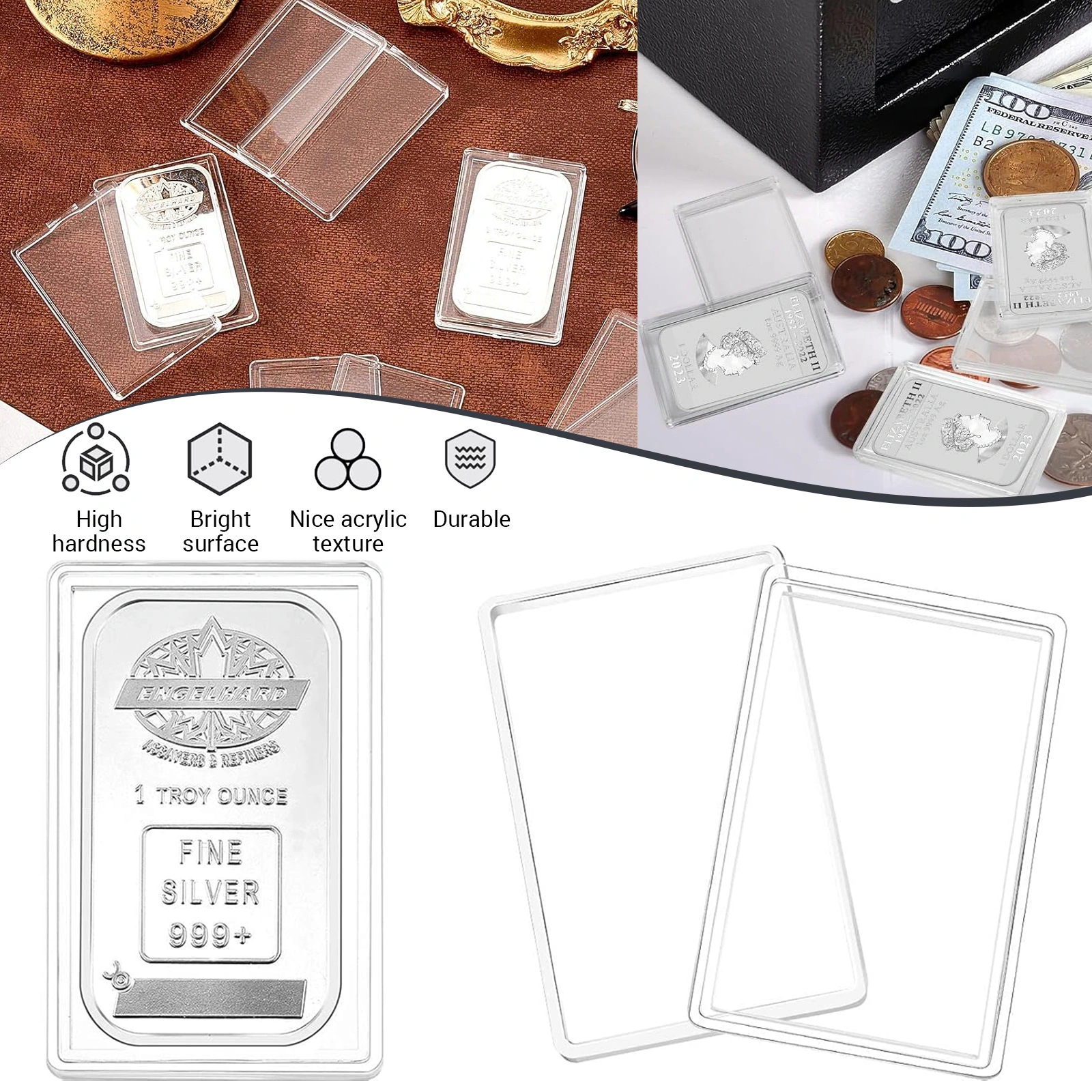 Clear Acrylic Silver Bar Case 1oz - Display Holder & Storage Container for Gold Bars, Jewelry, Medals - Transparent Organizer Box
