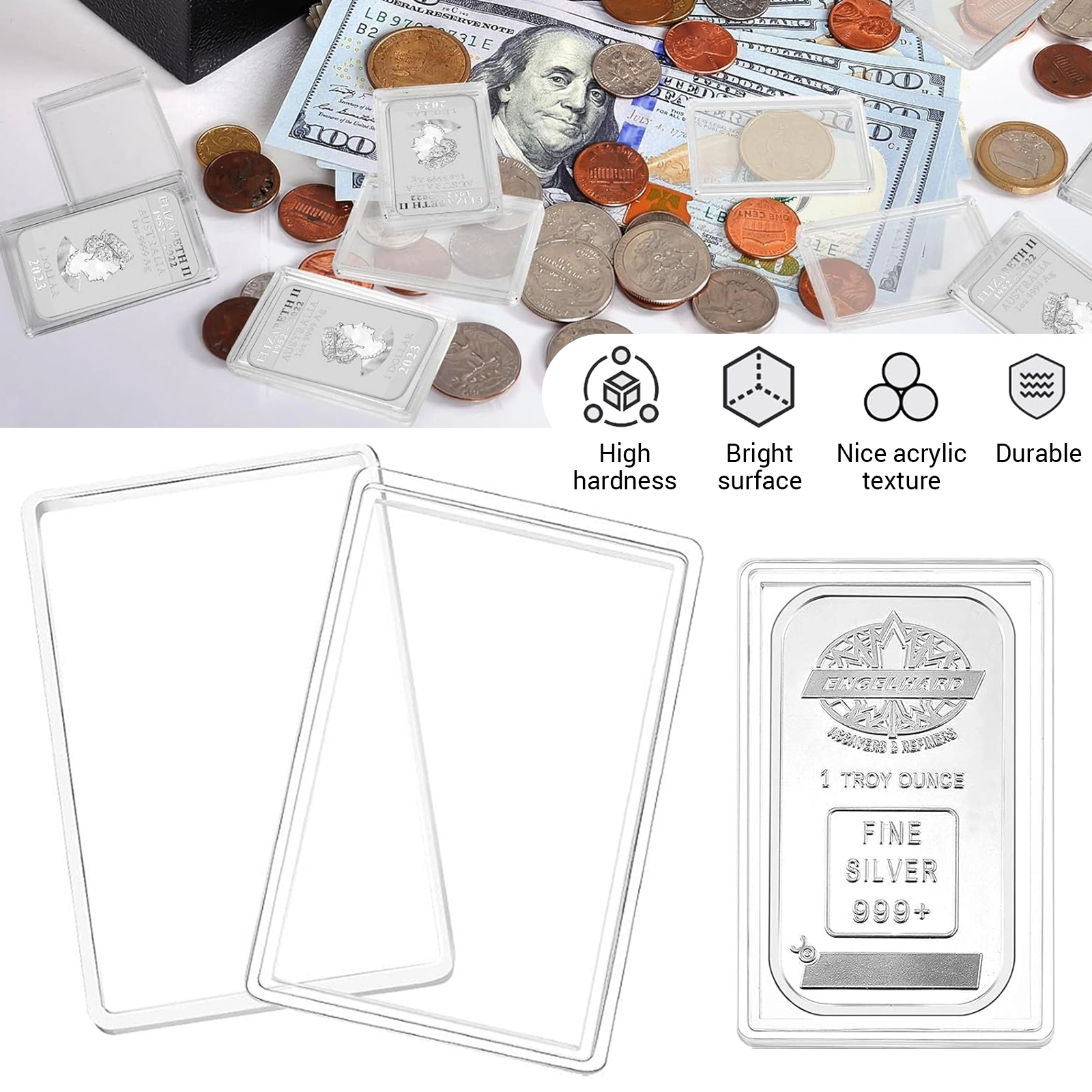 Clear Acrylic Silver Bar Case 1oz - Display Holder & Storage Container for Gold Bars, Jewelry, Medals - Transparent Organizer Box view 3