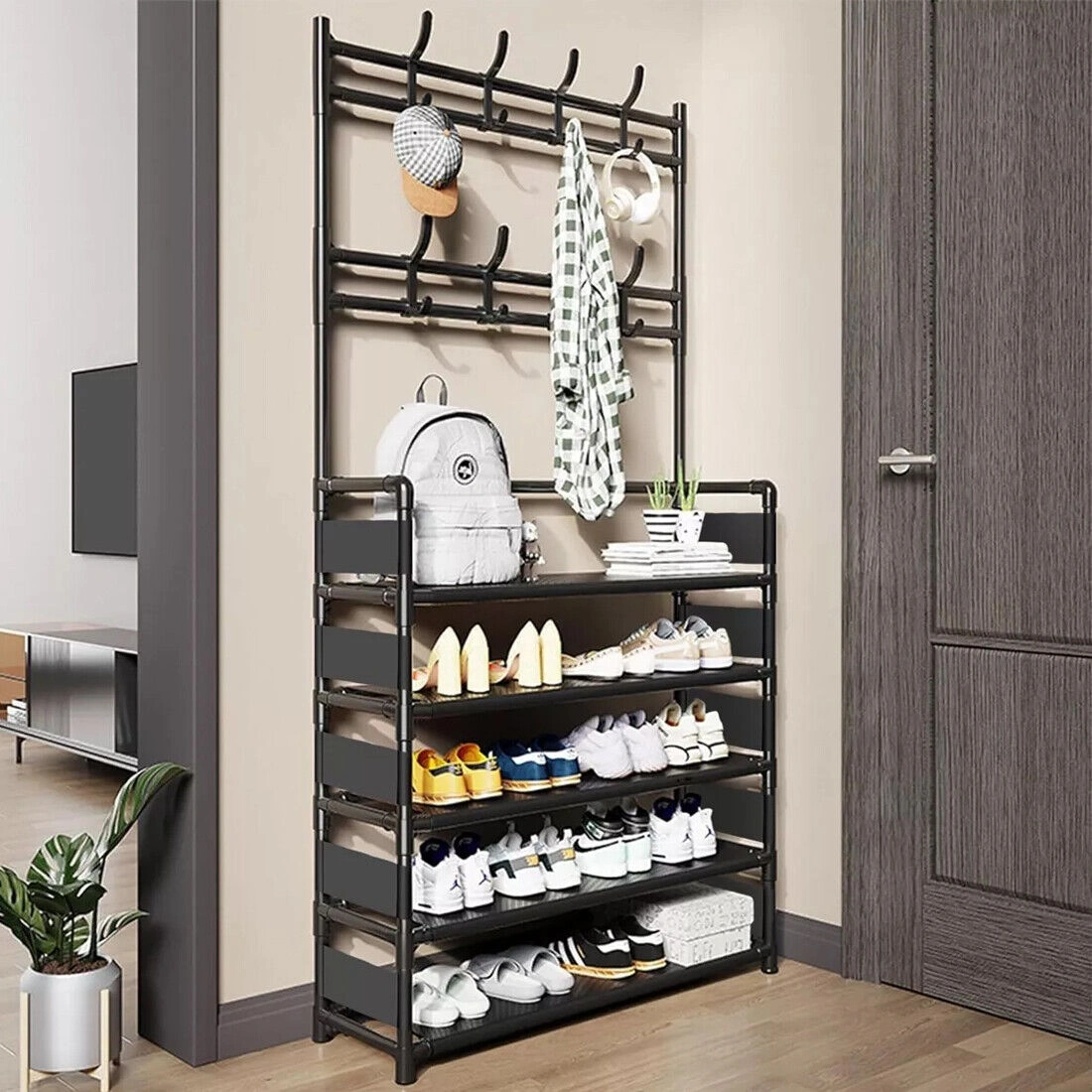 5-Tier Metal Coat and Hat Stand with 8 Hooks, Shoe Rack Organizer with Storage Shelf, Entryway Hallway Coat Hanger Stand, Black view 2