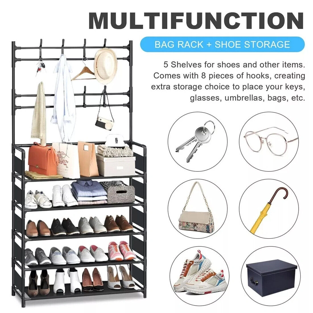 5-Tier Metal Coat and Hat Stand with 8 Hooks, Shoe Rack Organizer with Storage Shelf, Entryway Hallway Coat Hanger Stand, Black view 3