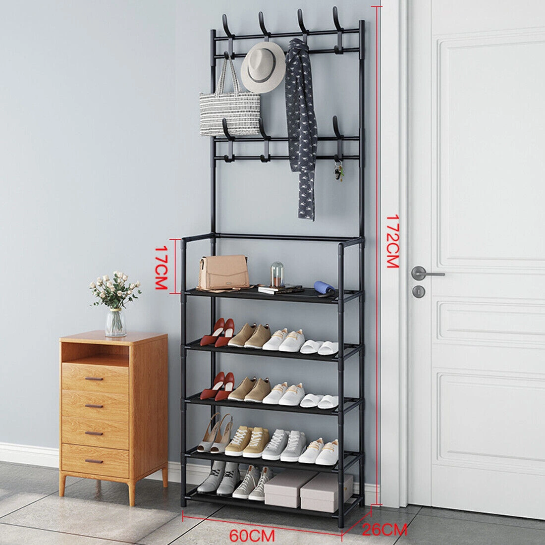 5-Tier Metal Coat and Hat Stand with 8 Hooks, Shoe Rack Organizer with Storage Shelf, Entryway Hallway Coat Hanger Stand, Black view 5