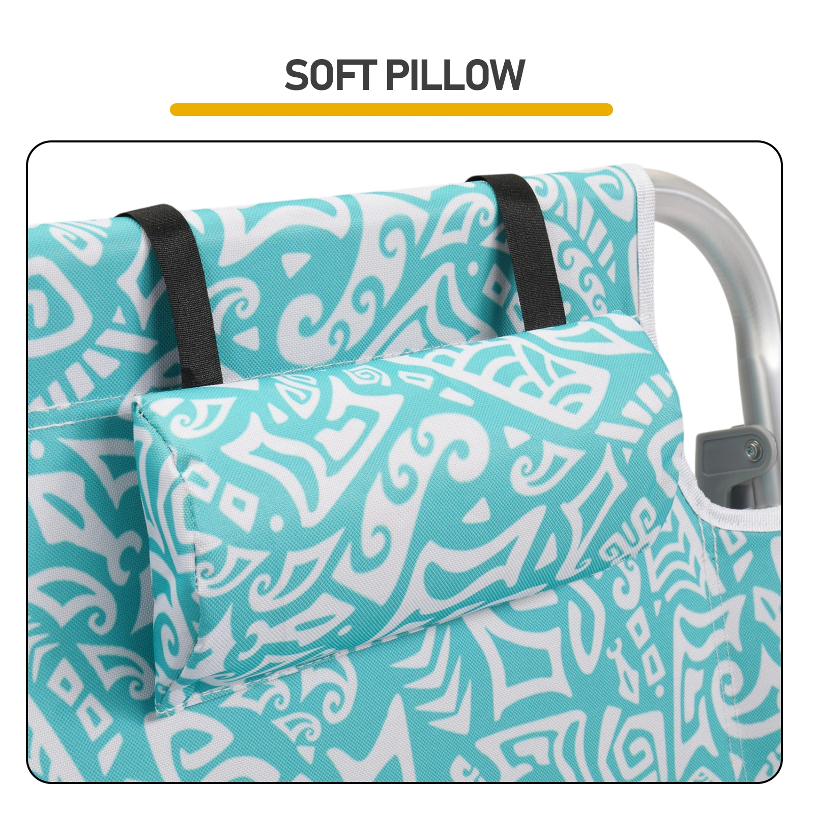 1 PCS Aluminum Beach Chair, 8.5 Inch Seat Height Teal Tribal Pattern, Adjustable Folding Chair with Headrest, Shoulder Strap, 2-in-1 Cup Holder Side Pocket, Back Cooler Bag, Integrated Oxford Fabric with Crossbar, 5 Positions Reclining Lounger, 63x10 view 12