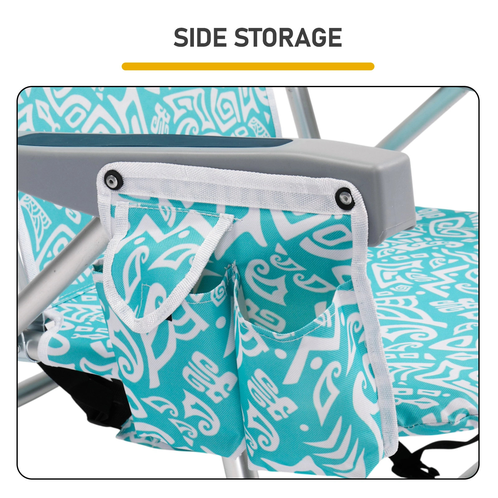 1 PCS Aluminum Beach Chair, 8.5 Inch Seat Height Teal Tribal Pattern, Adjustable Folding Chair with Headrest, Shoulder Strap, 2-in-1 Cup Holder Side Pocket, Back Cooler Bag, Integrated Oxford Fabric with Crossbar, 5 Positions Reclining Lounger, 63x10 view 14