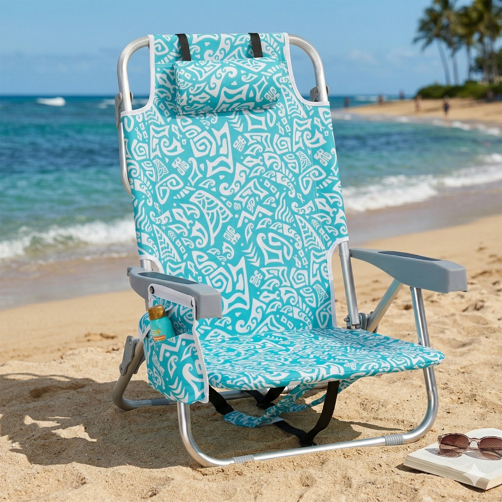 1 PCS Aluminum Beach Chair, 8.5 Inch Seat Height Teal Tribal Pattern, Adjustable Folding Chair with Headrest, Shoulder Strap, 2-in-1 Cup Holder Side Pocket, Back Cooler Bag, Integrated Oxford Fabric with Crossbar, 5 Positions Reclining Lounger, 63x10 view 16
