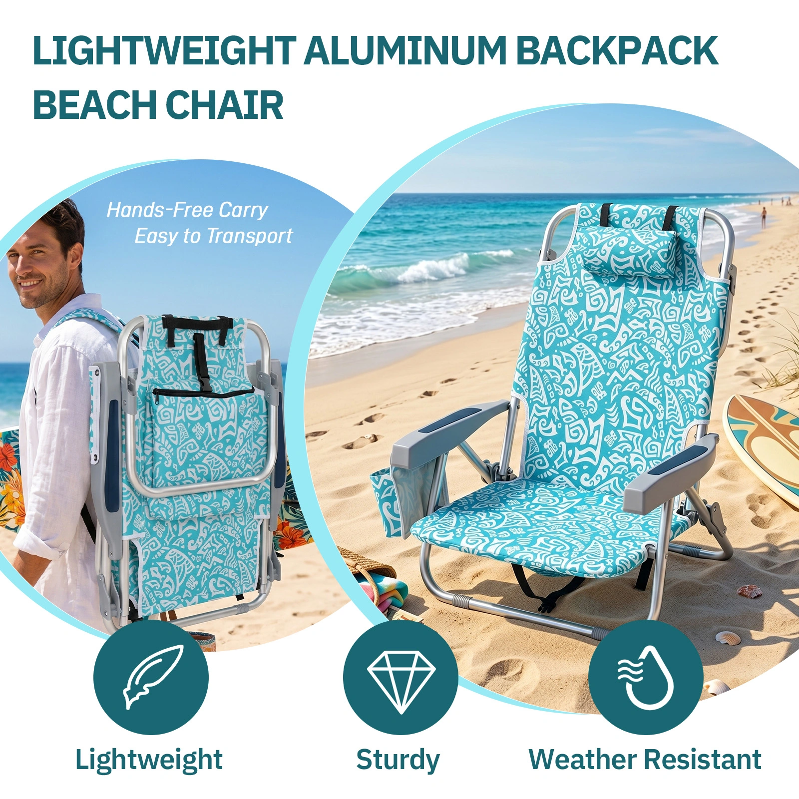 1 PCS Aluminum Beach Chair, 8.5 Inch Seat Height Teal Tribal Pattern, Adjustable Folding Chair with Headrest, Shoulder Strap, 2-in-1 Cup Holder Side Pocket, Back Cooler Bag, Integrated Oxford Fabric with Crossbar, 5 Positions Reclining Lounger, 63x10 view 5