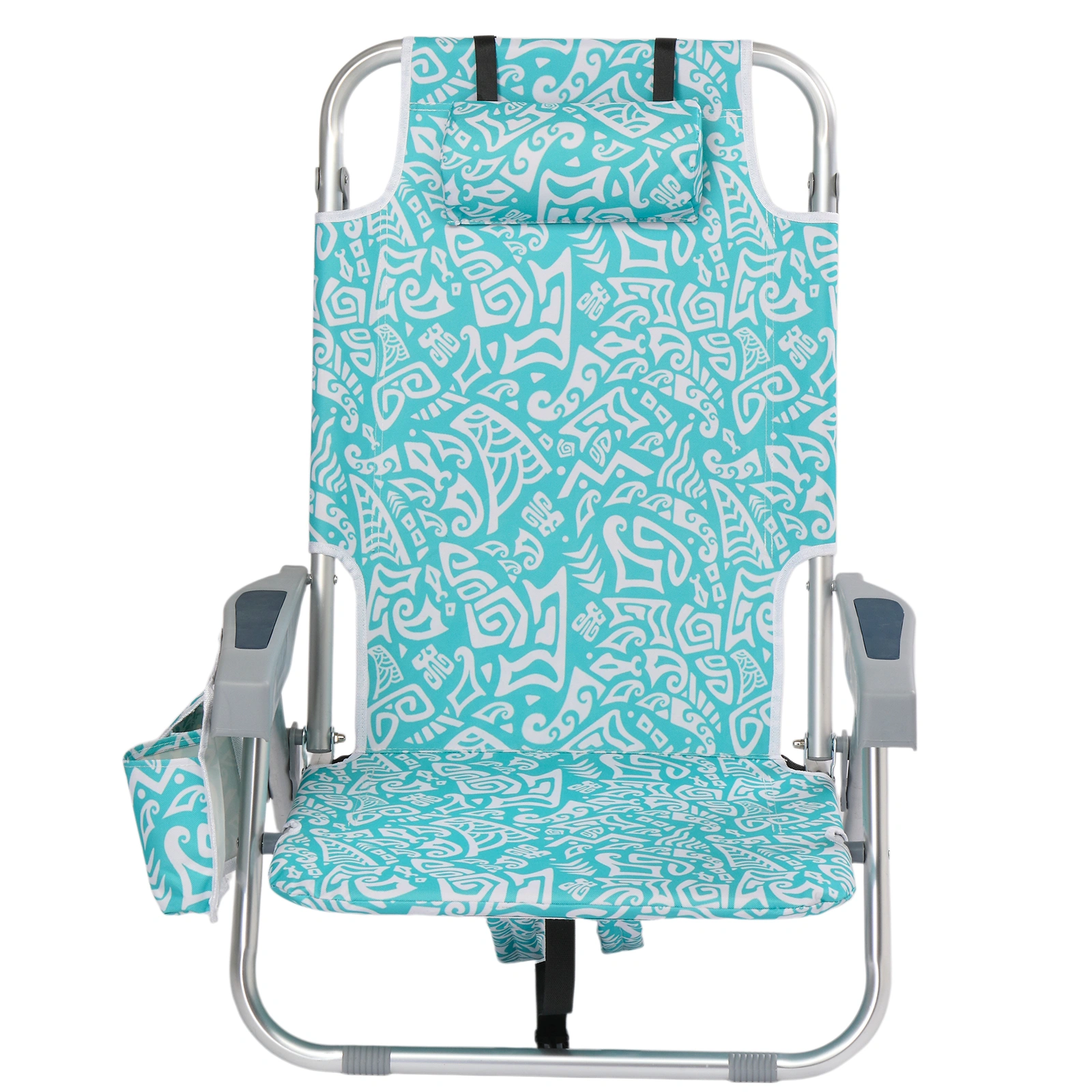 1 PCS Aluminum Beach Chair, 8.5 Inch Seat Height Teal Tribal Pattern, Adjustable Folding Chair with Headrest, Shoulder Strap, 2-in-1 Cup Holder Side Pocket, Back Cooler Bag, Integrated Oxford Fabric with Crossbar, 5 Positions Reclining Lounger, 63x10 view 8