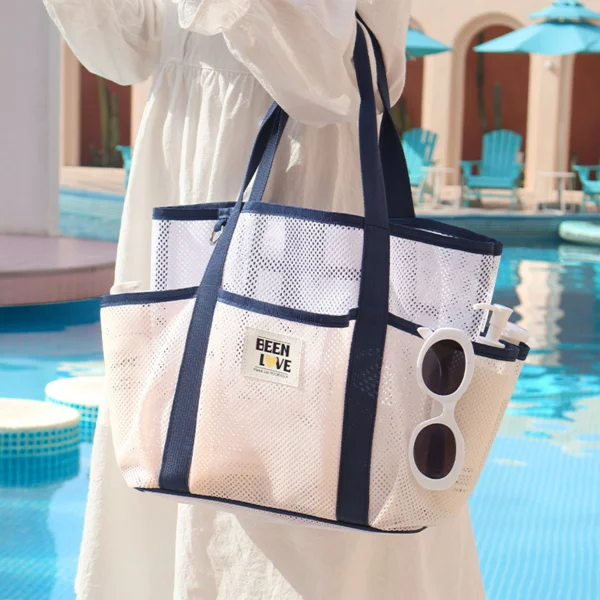 Pink summer pool beach tote bag, quick drying mesh storage bag