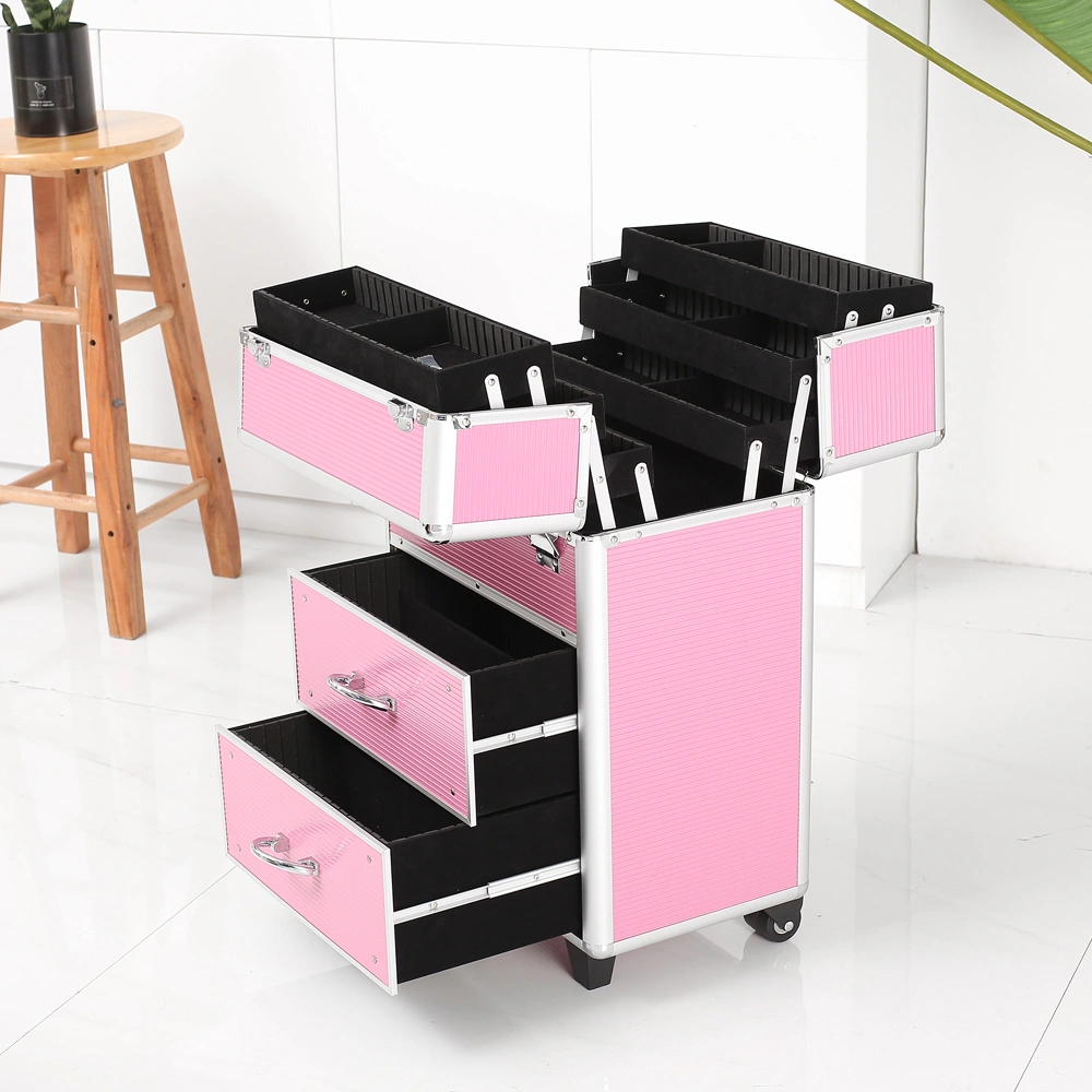 4-Tier Lockable Cosmetic Makeup Train Case with Extendable Trays Organizer - Pink view 12