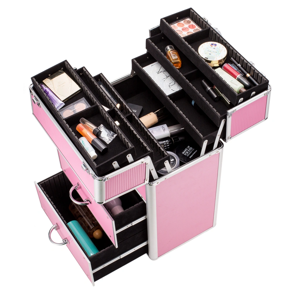 4-Tier Lockable Cosmetic Makeup Train Case with Extendable Trays Organizer - Pink view 7