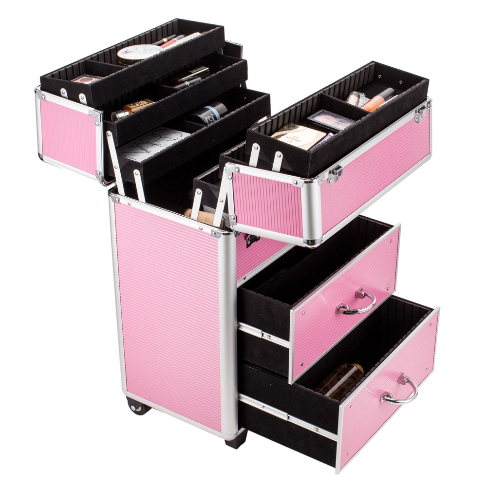 4-Tier Lockable Cosmetic Makeup Train Case with Extendable Trays Organizer - Pink view 8